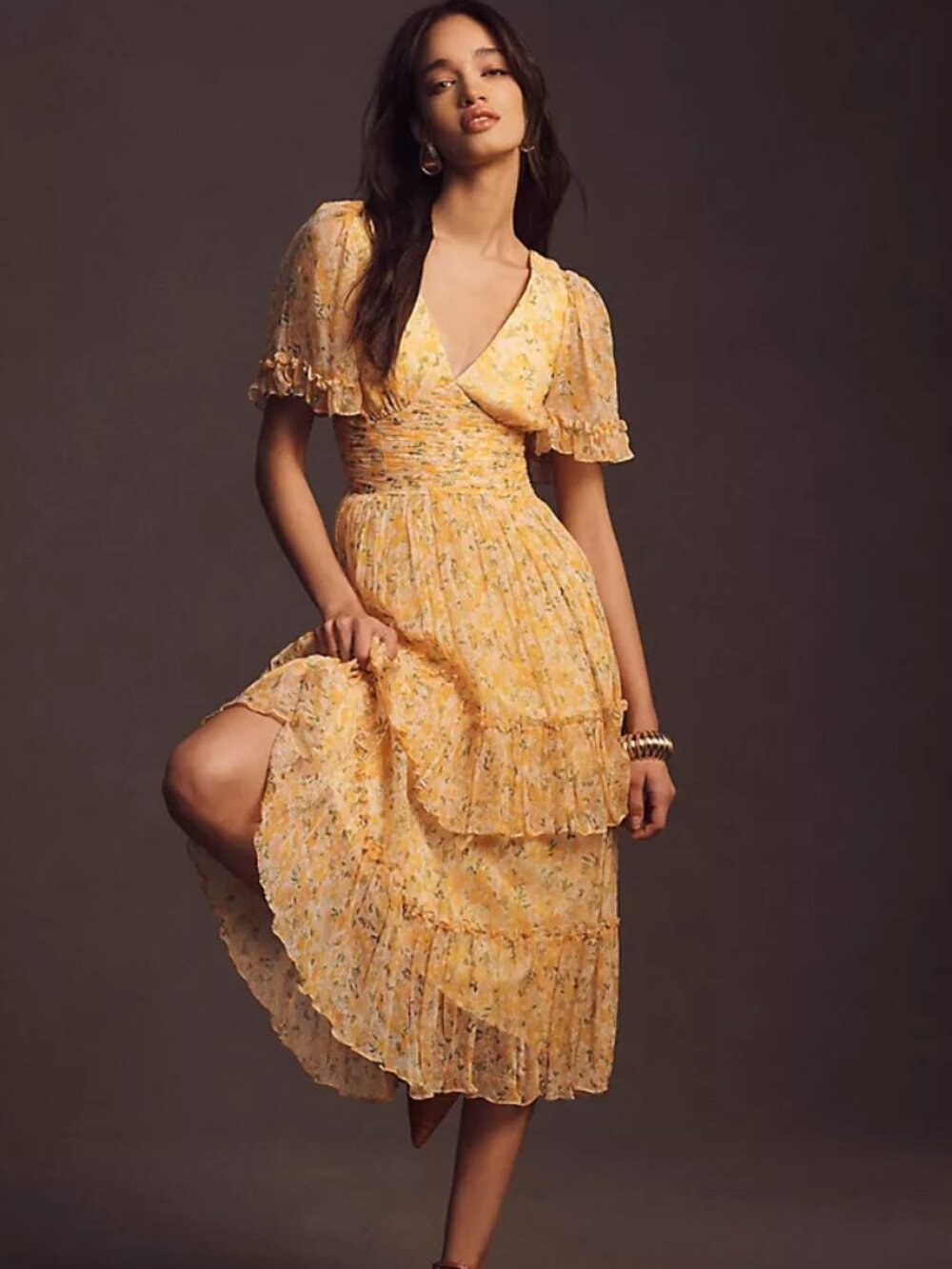 Anthropologie BHLDN Naomi Floral Short Sleeve V Neck Midi Dress S Wedding Guest